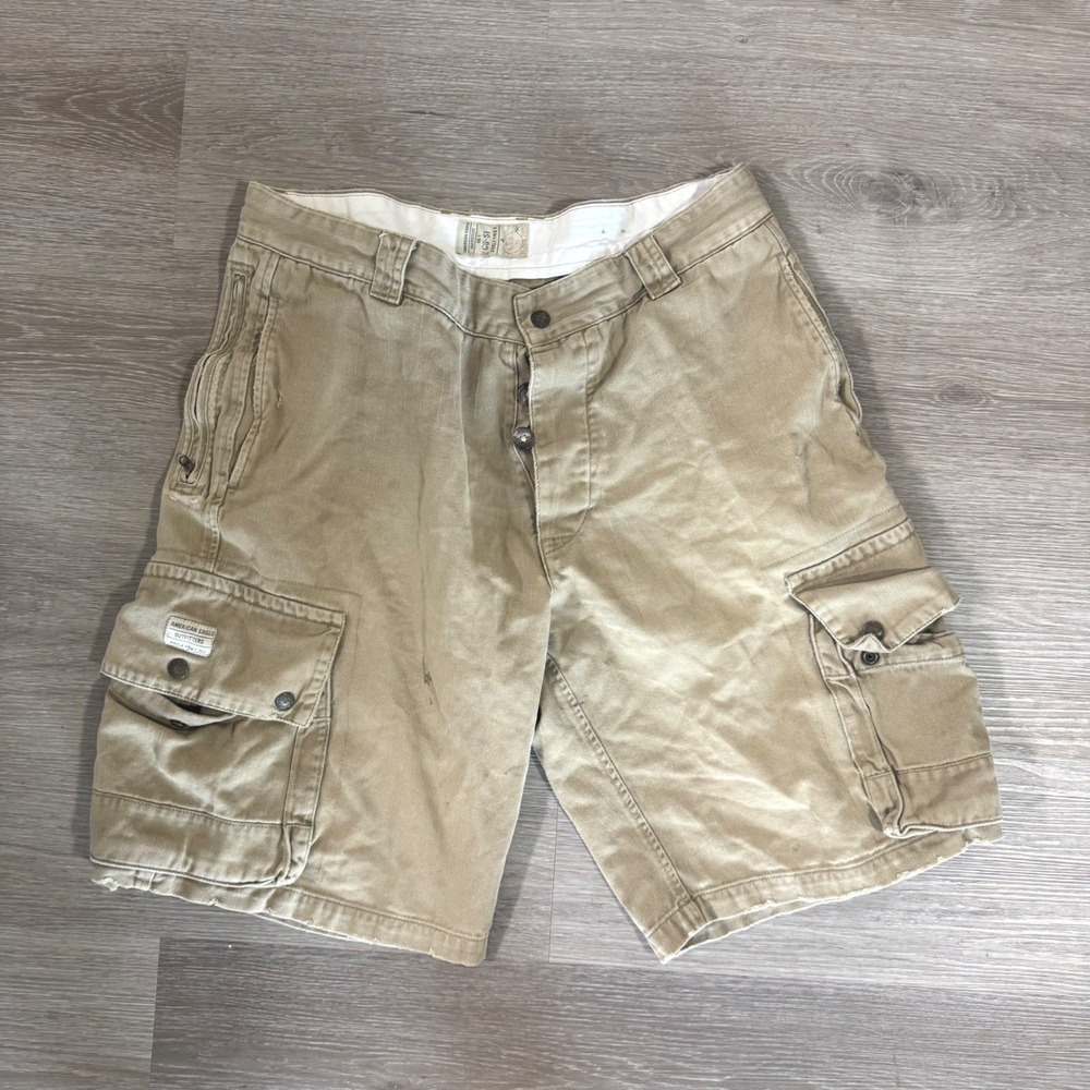 Vtg American Eagle Cargo Shorts Mens 34 Tan Khaki Cotton Button Fly Multi-Pocket